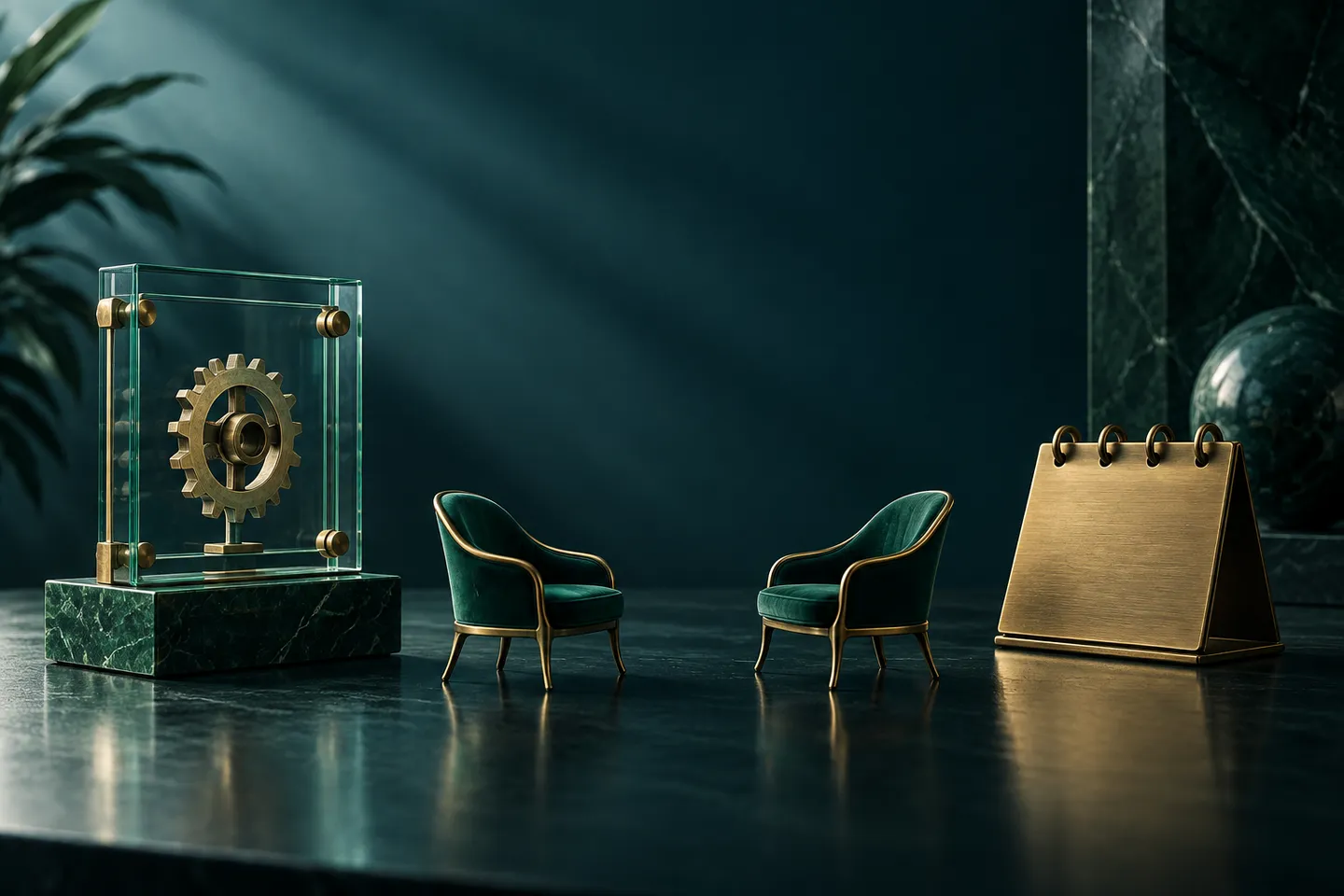 Two empty chairs face a glass presentation frame holding a gear beside a blank brass calendar.