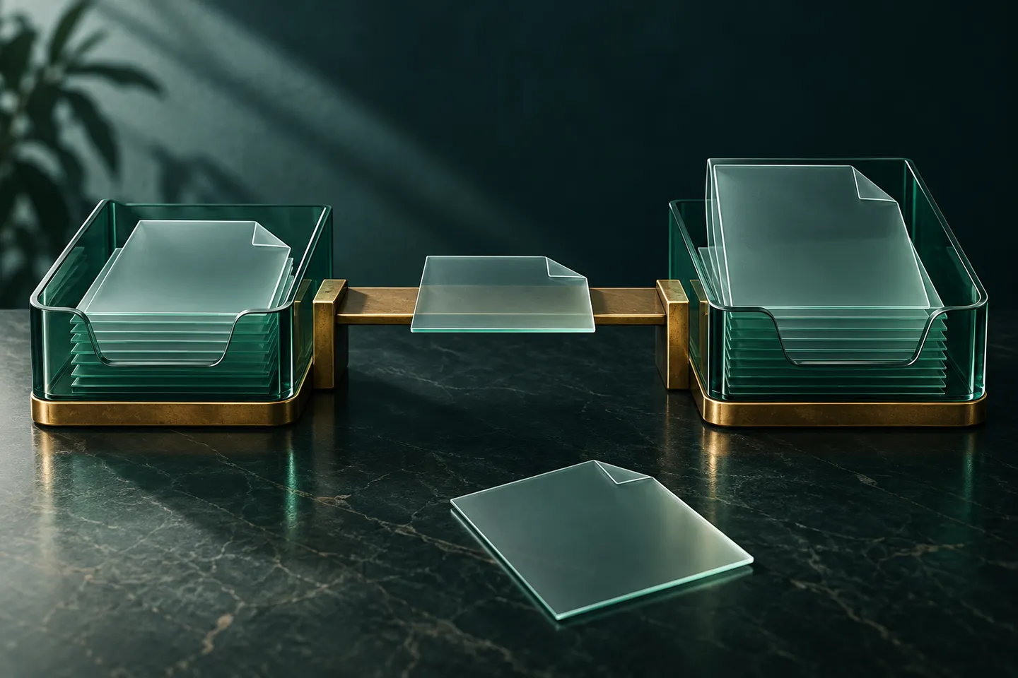 Two glass document trays are linked by a brass bridge with one sheet on the bridge and another set aside.