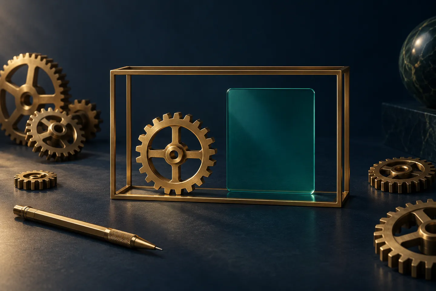 A brass frame encloses one gear and a glass card, with other gears arranged outside it.