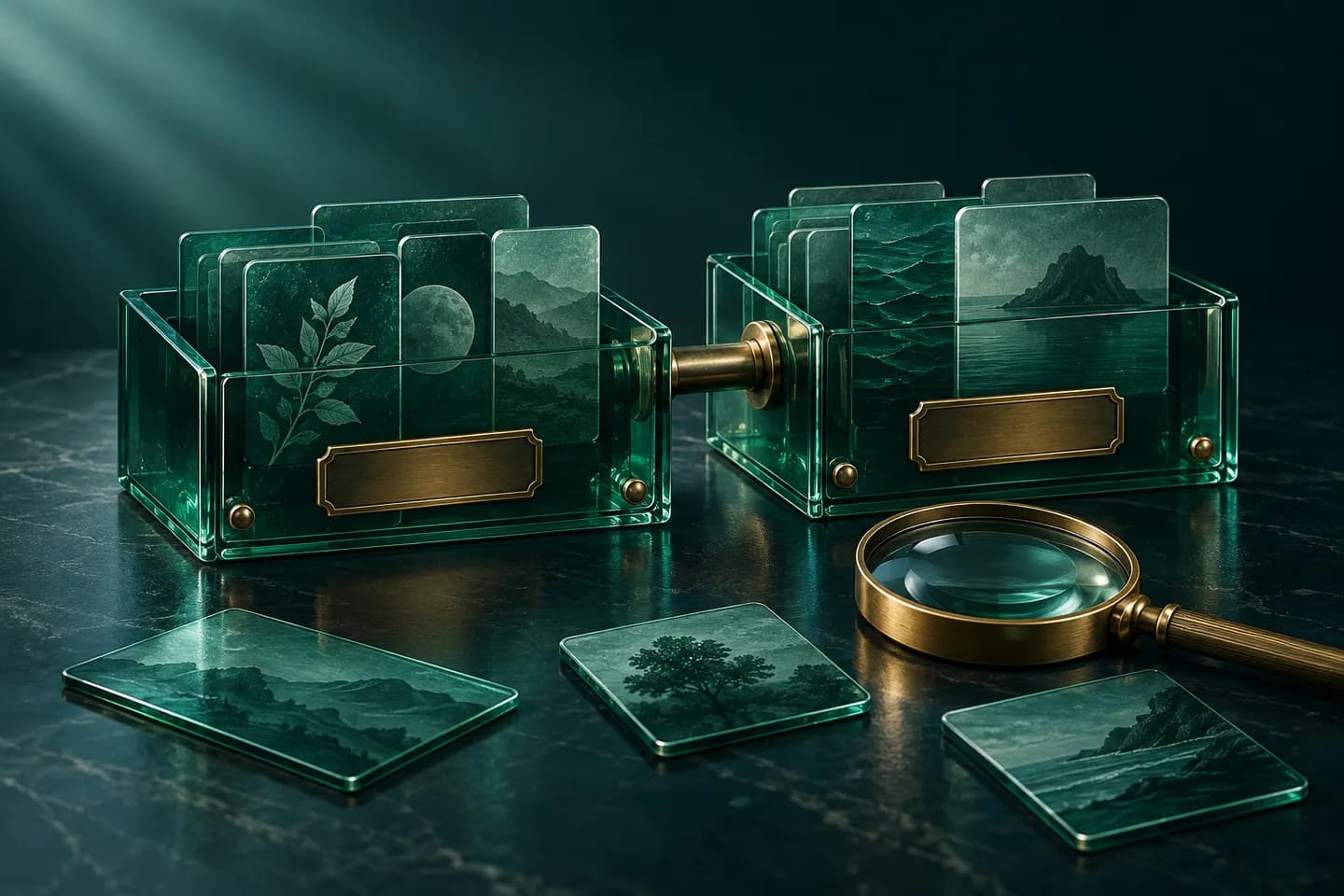 Glass filing frames are connected by a bridge beside record tiles and a brass magnifying lens.