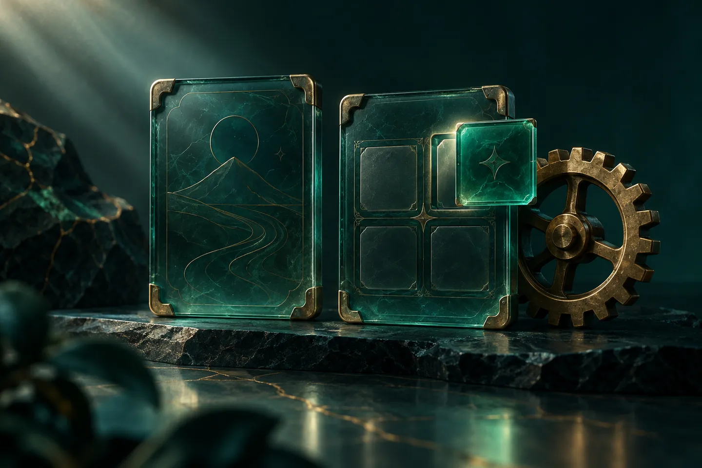 Two glass manuscript panels stand beside a brass gear and a small emerald tile.