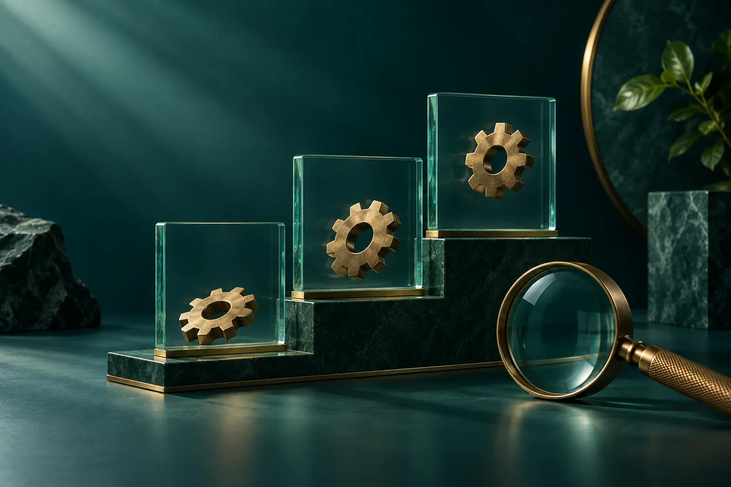 Three glass frames holding brass gears stand on a stepped path beside a magnifying lens.