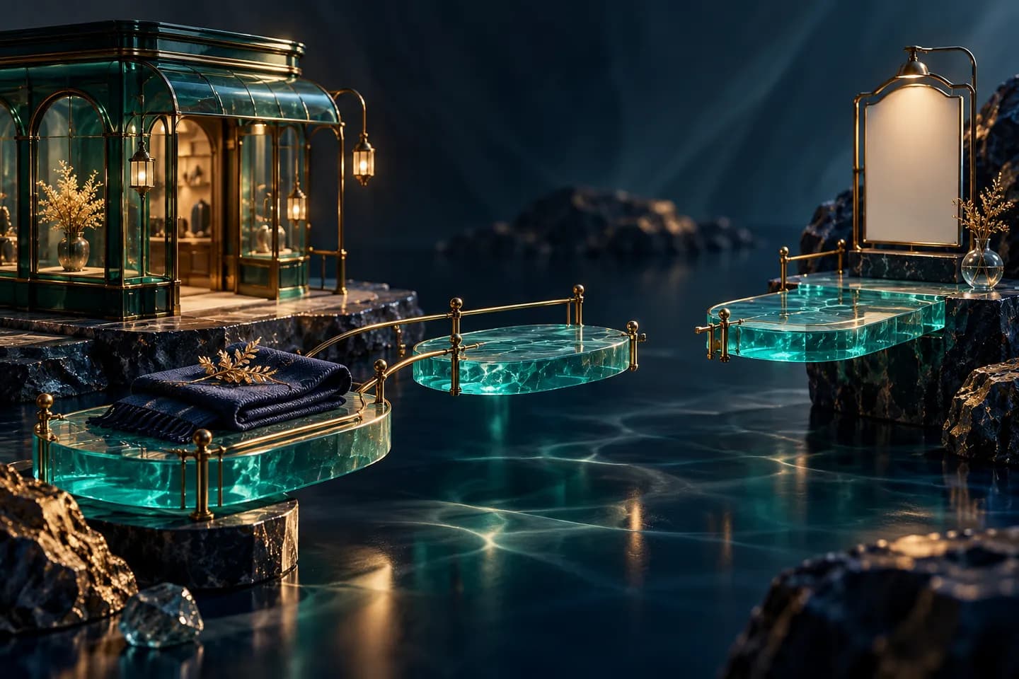 Teal glass platforms with brass railings lead from a miniature storefront toward a blank sign, with a gap between platforms.