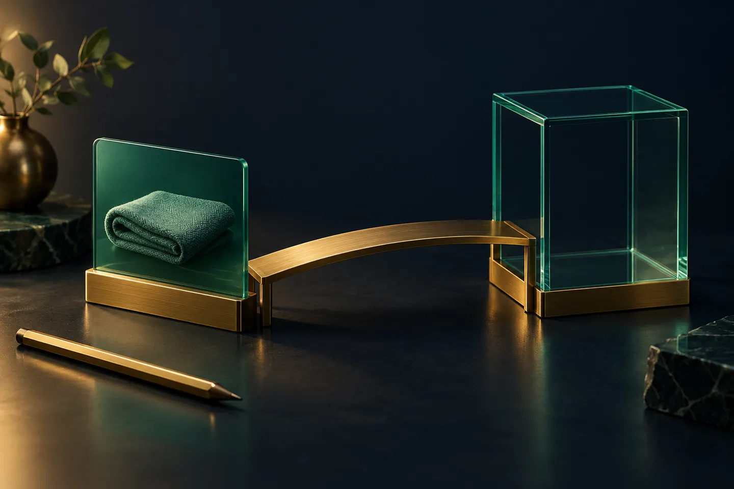 A brass bridge connects a glass card holding a folded textile to an empty glass display frame.