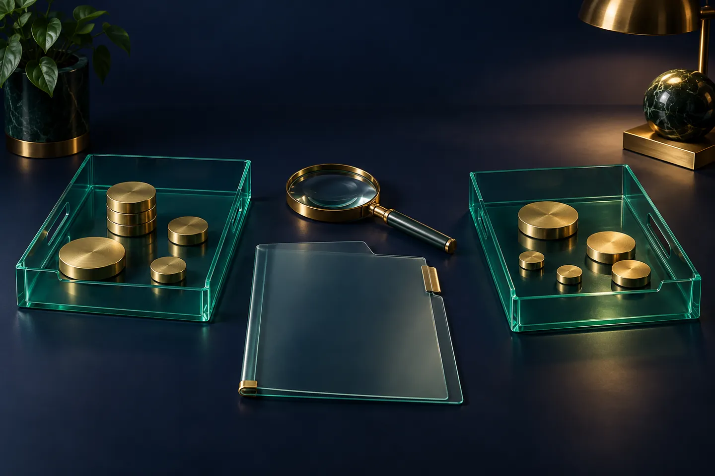 Two glass trays hold different arrangements of brass discs beside a magnifier and blank glass folder.