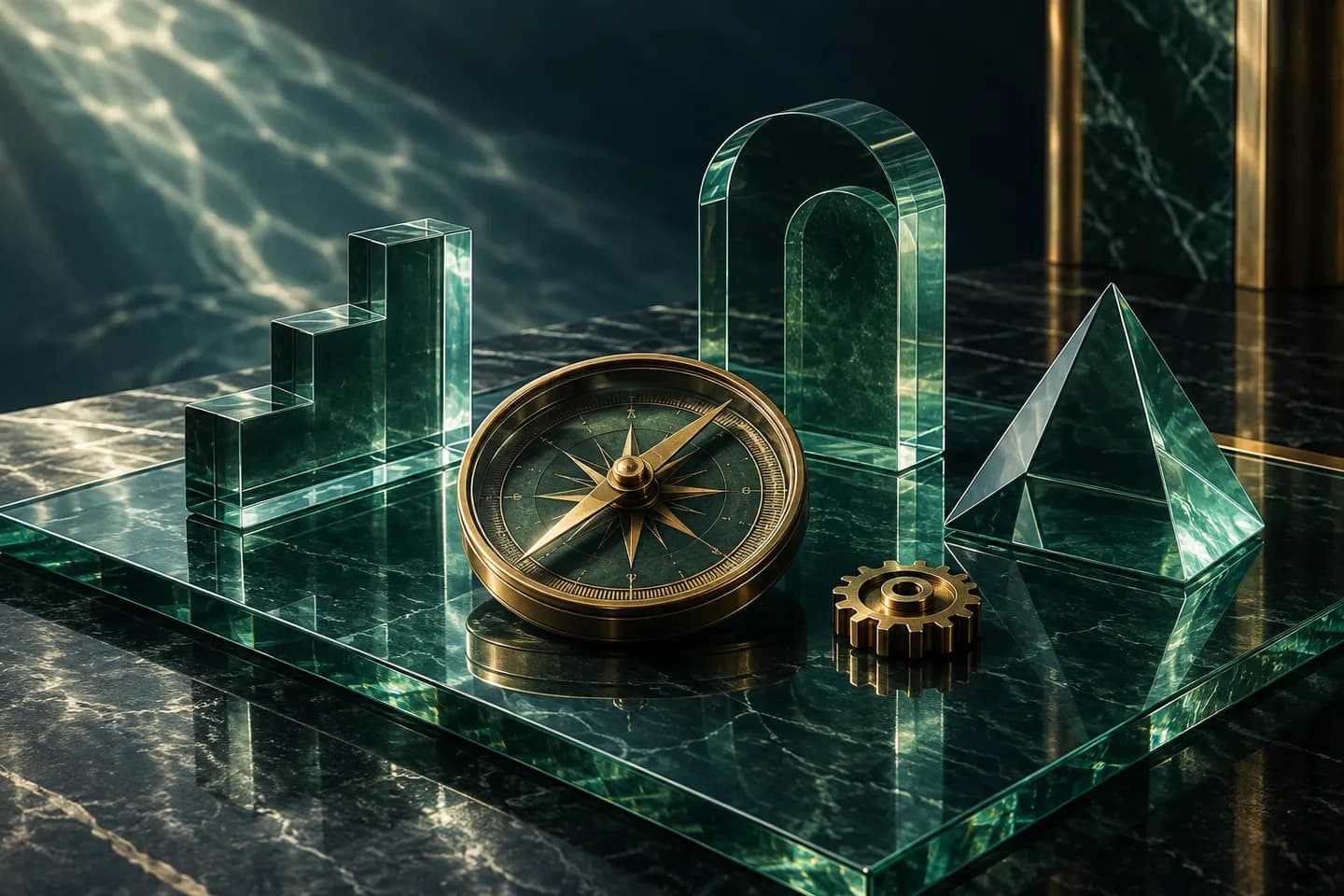 A brass compass with glass architectural pieces and a precision gear on a shared surface.