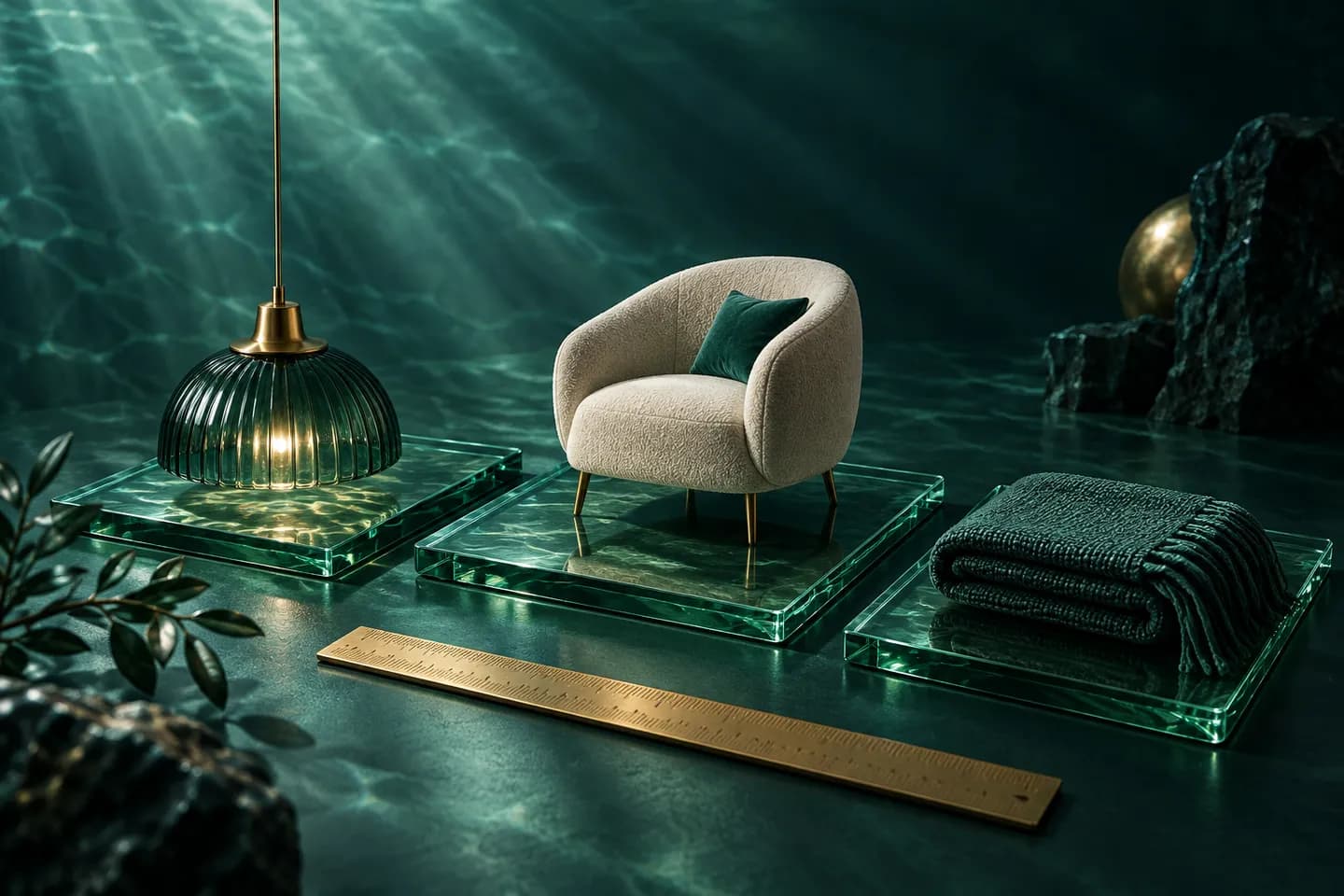 An armchair, pendant lamp, and folded textile on glass tiles beside a brass measuring rule.