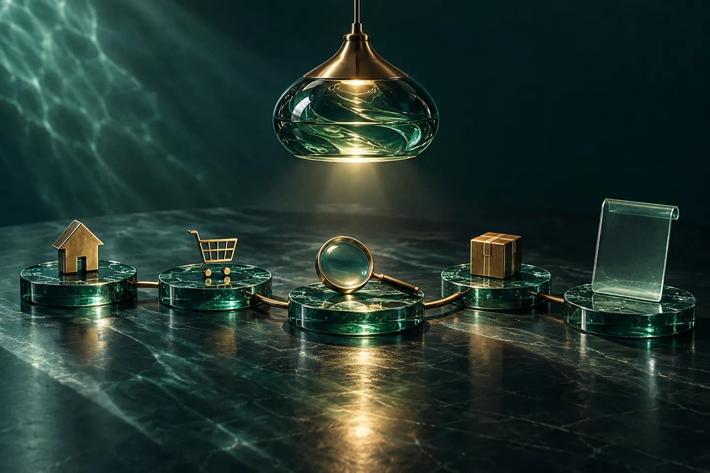 Glass platforms arranged around a pendant lamp, with a review lens and a glass manuscript.