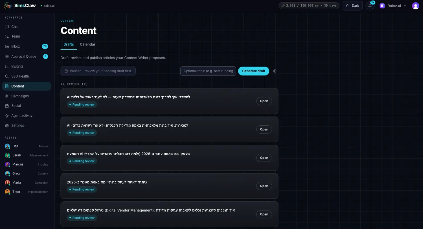 Content page showing Greg paused until pending drafts are reviewed
