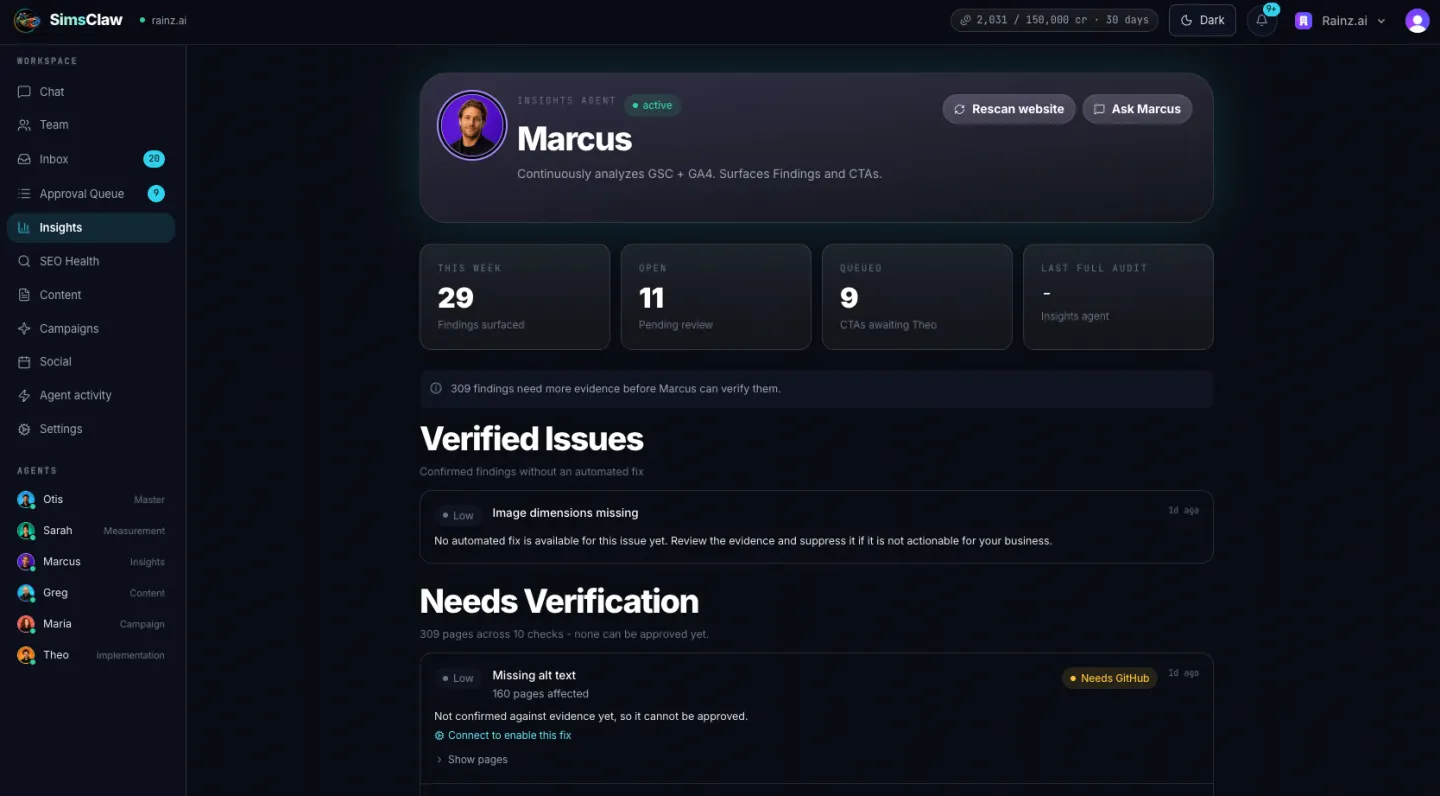 Marcus insights page with 29 findings this week, 11 pending review, and 309 needing verification