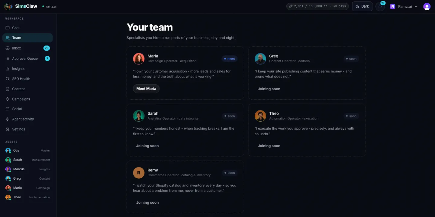 Team roster cards for Maria, Greg, Sarah, Theo, and Remy