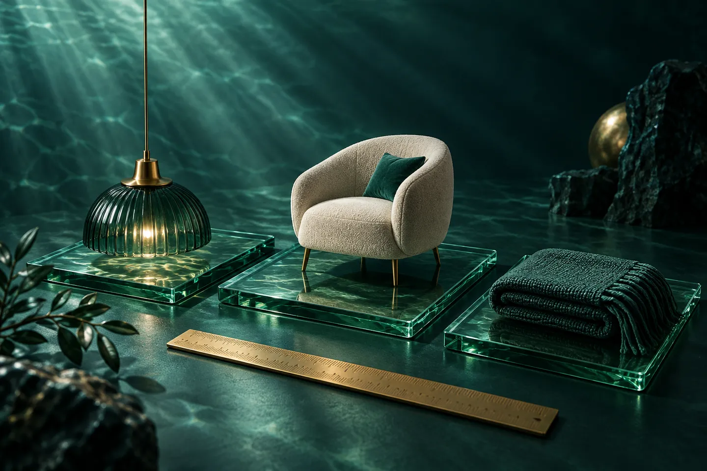 An armchair, pendant lamp, and folded textile on glass tiles beside a brass measuring rule.