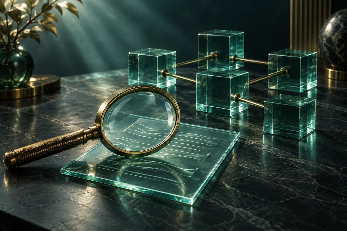 A brass magnifying glass rests over a glass document beside connected glass network blocks.